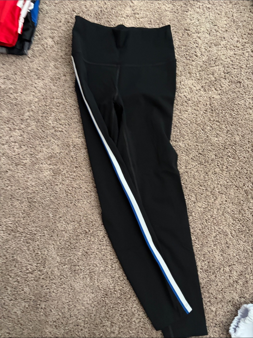 Women' Black Athletic Leggings with Blue and White Side Stripe